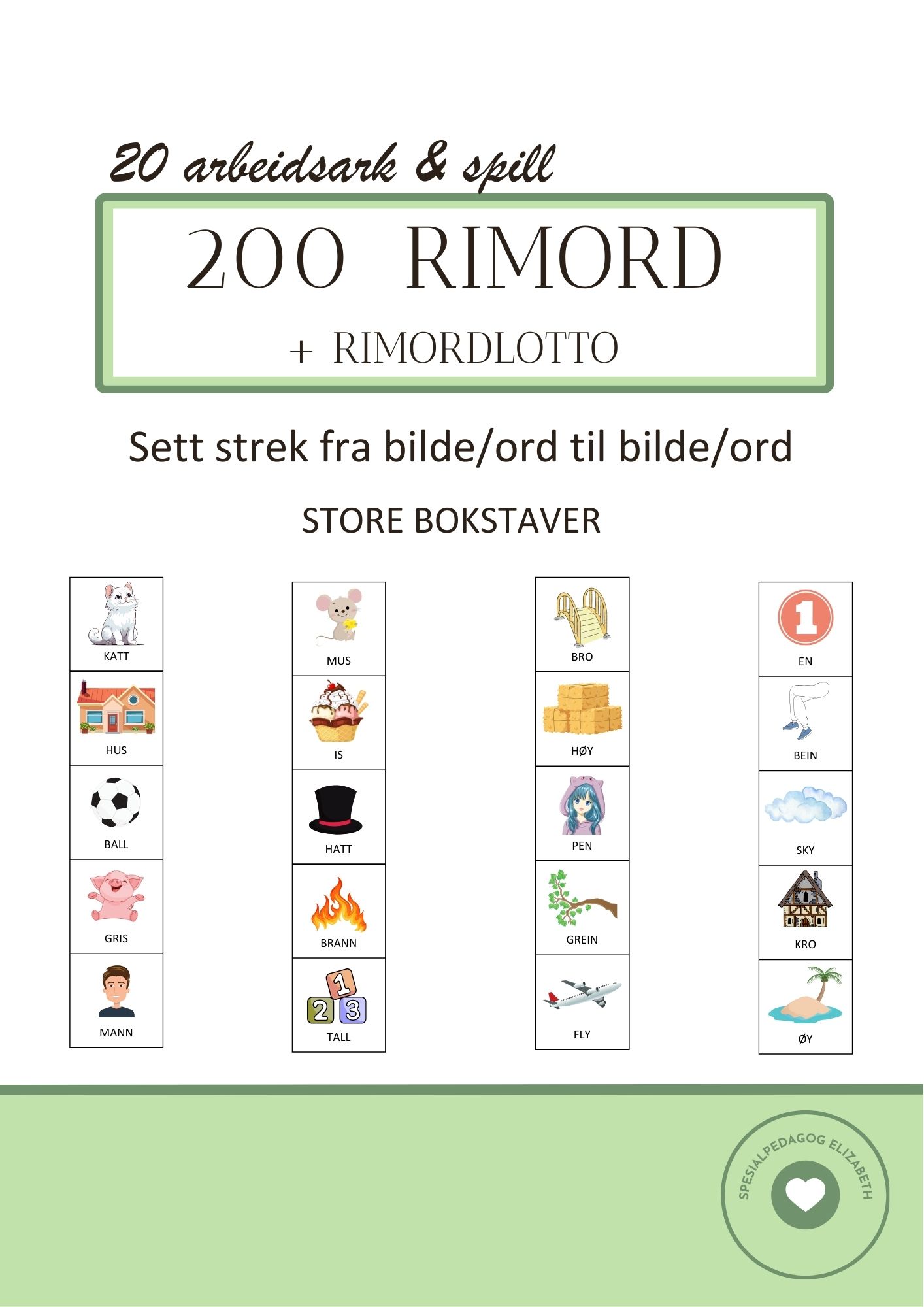 200 rimord - arbeidark og rimlotto spill - STORE BOKSTAVER