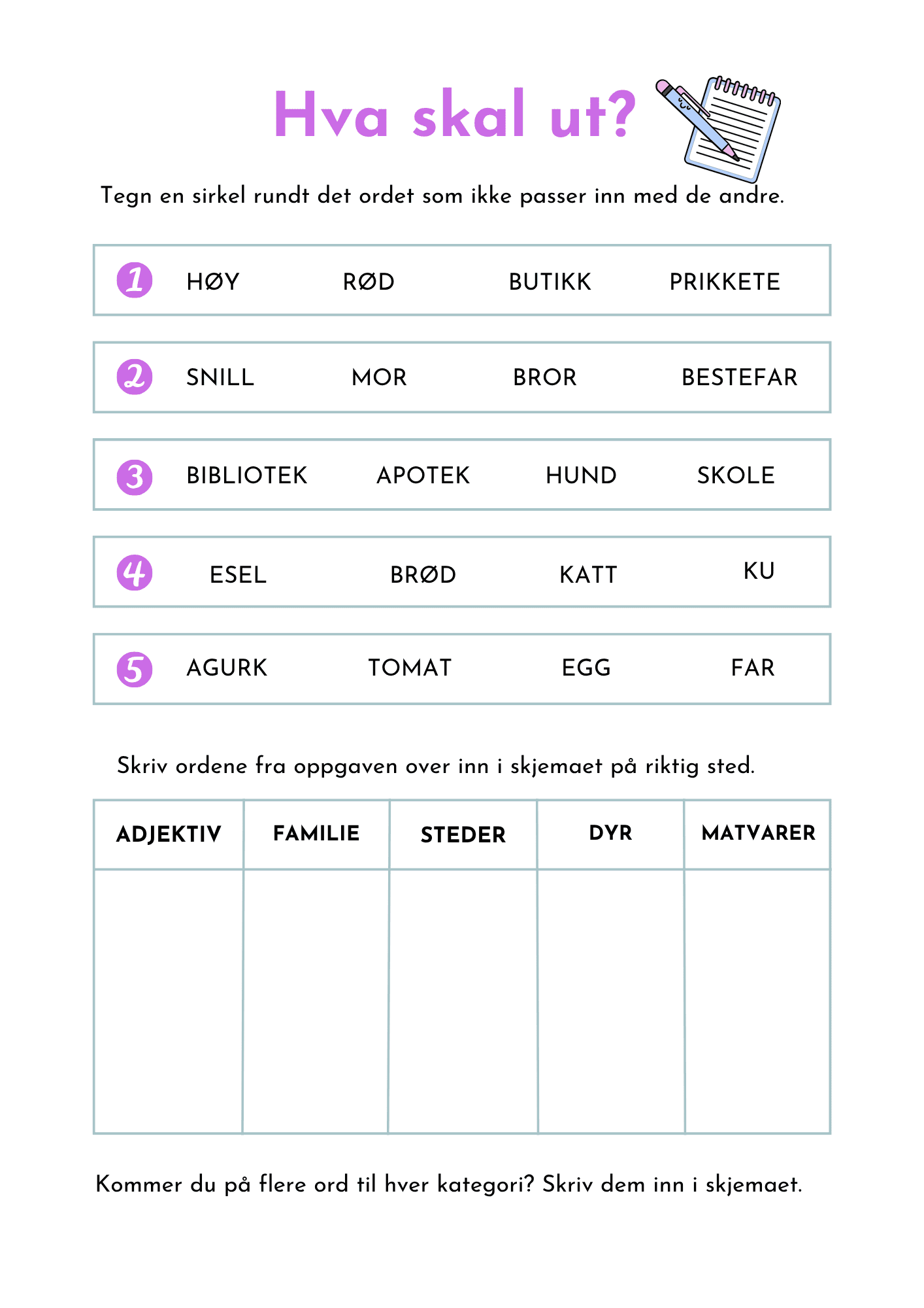 Ulike arbeidsark med begrepstrening
