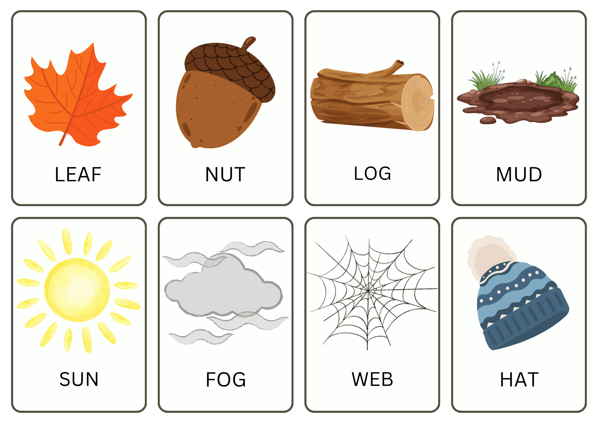 Ordkort på engelsk: høst og vinter (for de yngste)