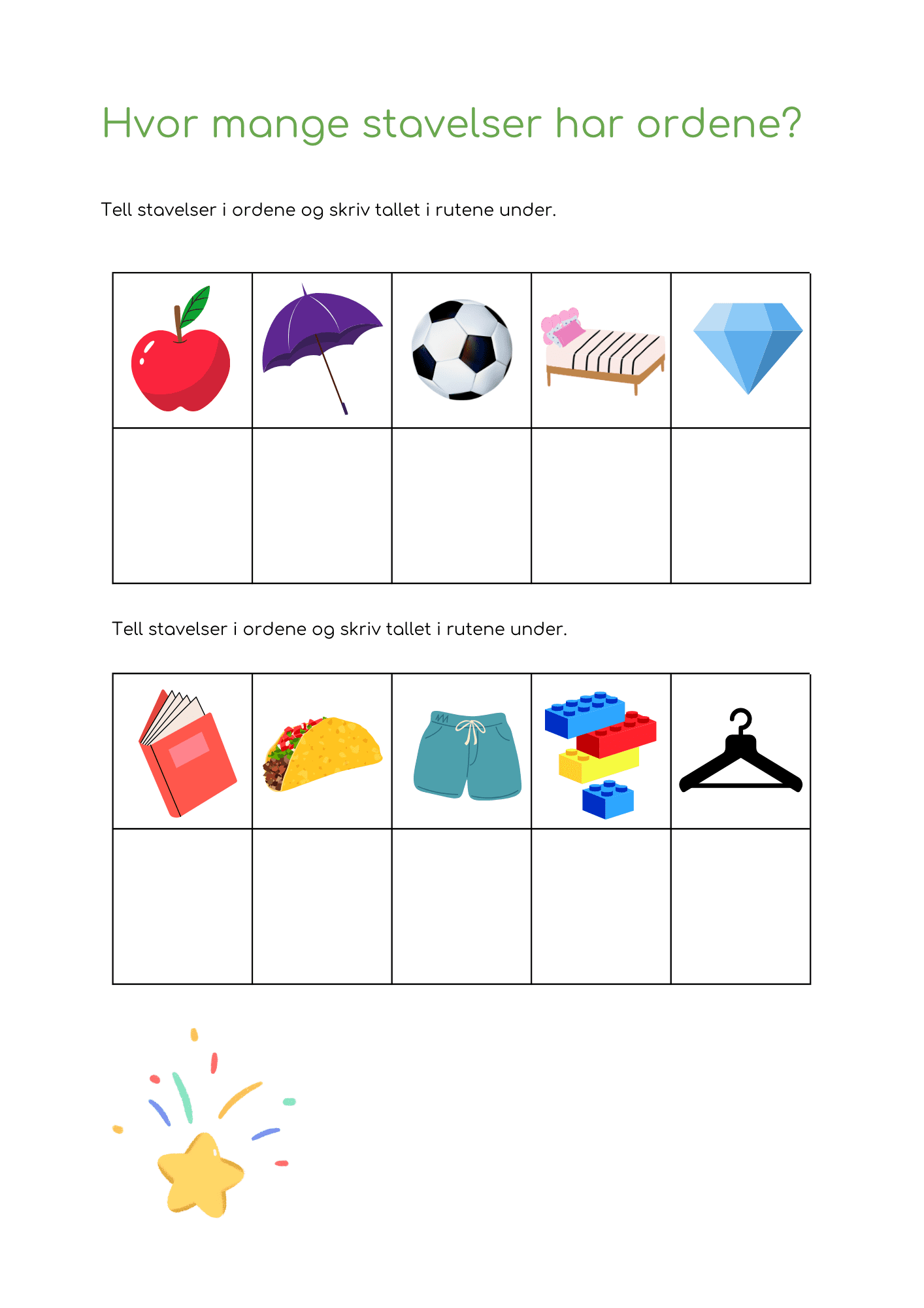 Stavelser arbeidsark og ordkort