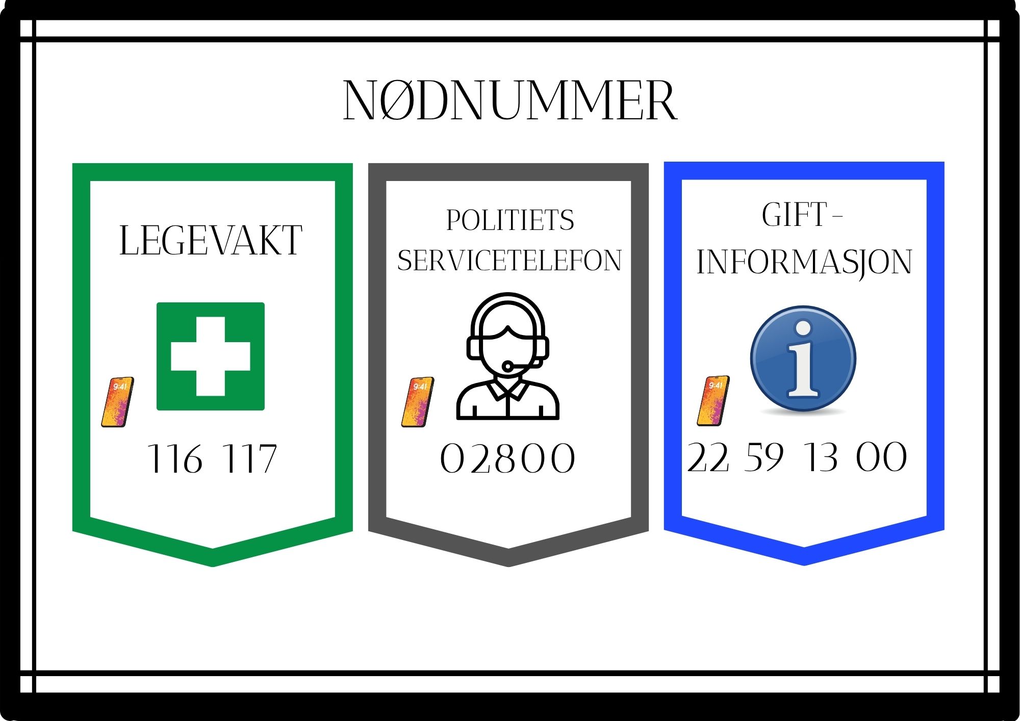 Plakater med nødnummer og hjelpetelefoner - Bilde 3