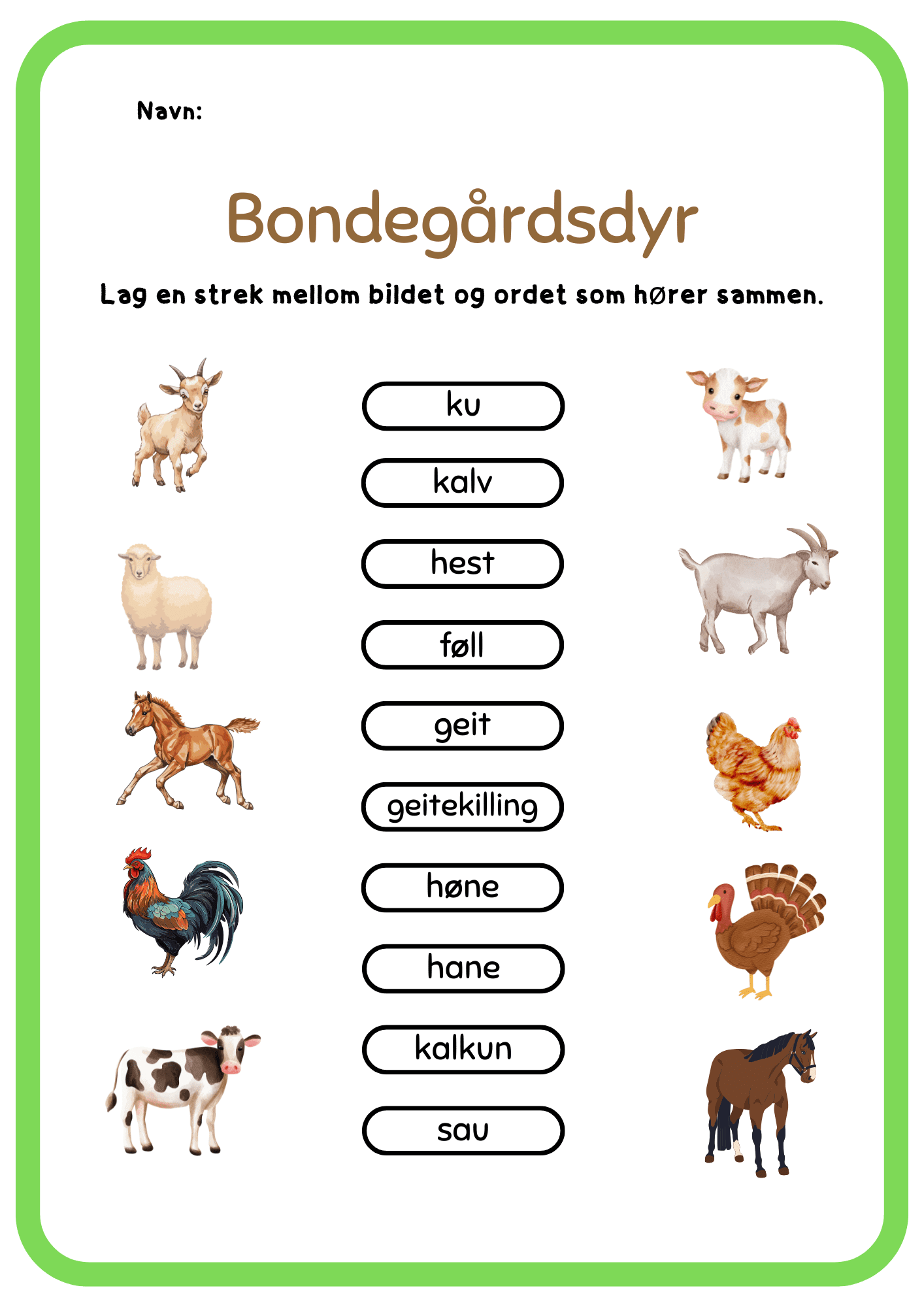 Bondegårdsdyr samlepakke: ordkort og begrepsoppgave på bokmål og engelsk