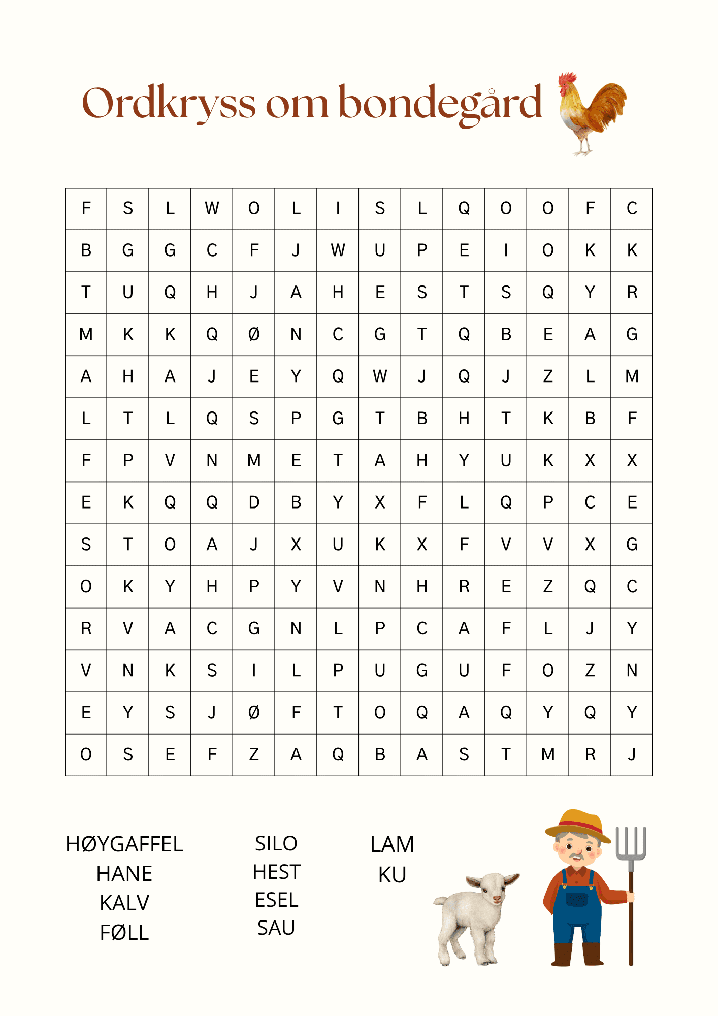 Ordkryss og kryssord med bondegårdstema (enkel)