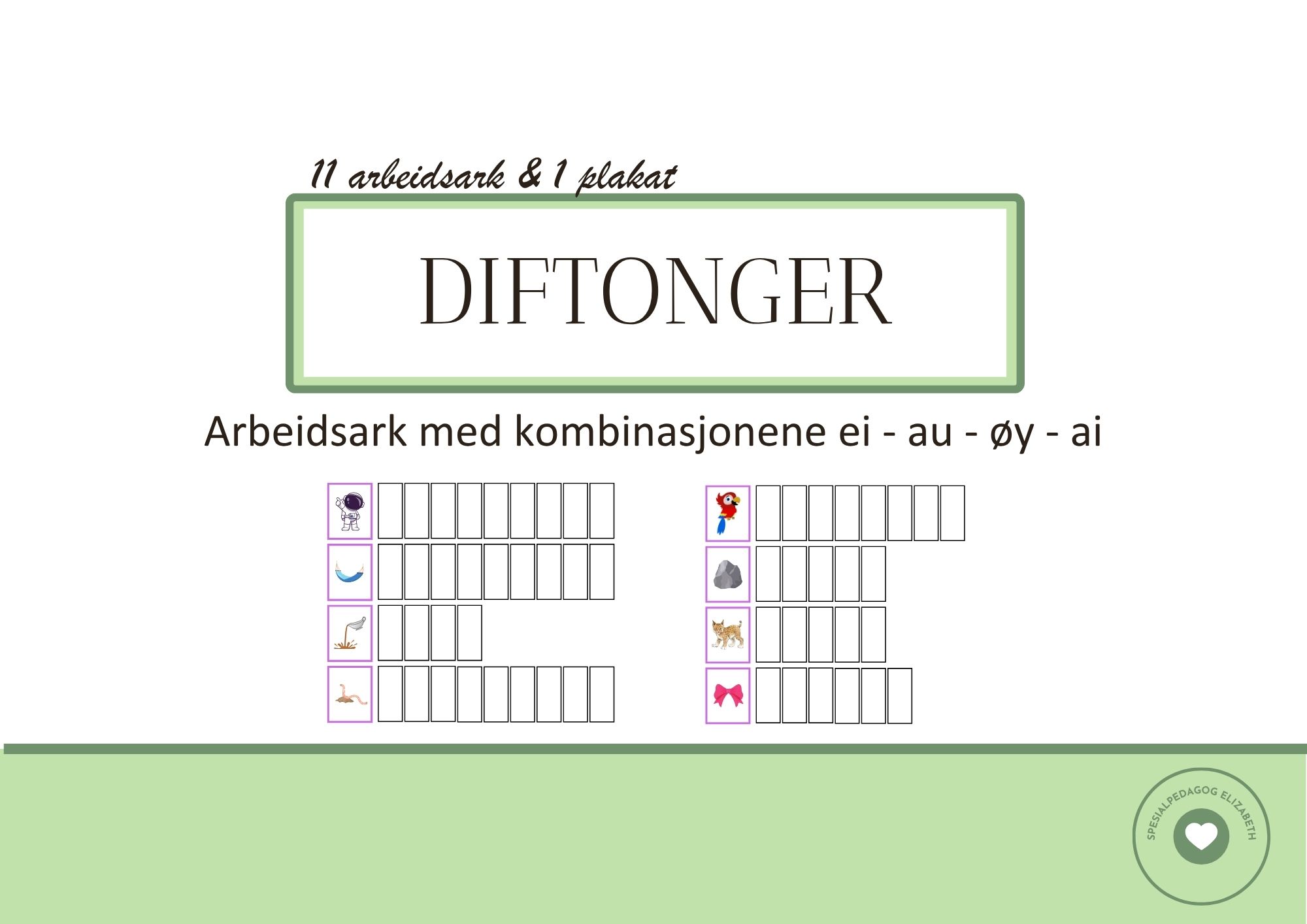 44 ord med diftonger - EI,AU,ØY, AI - arbeidsark/rettskriving/begrepstrening