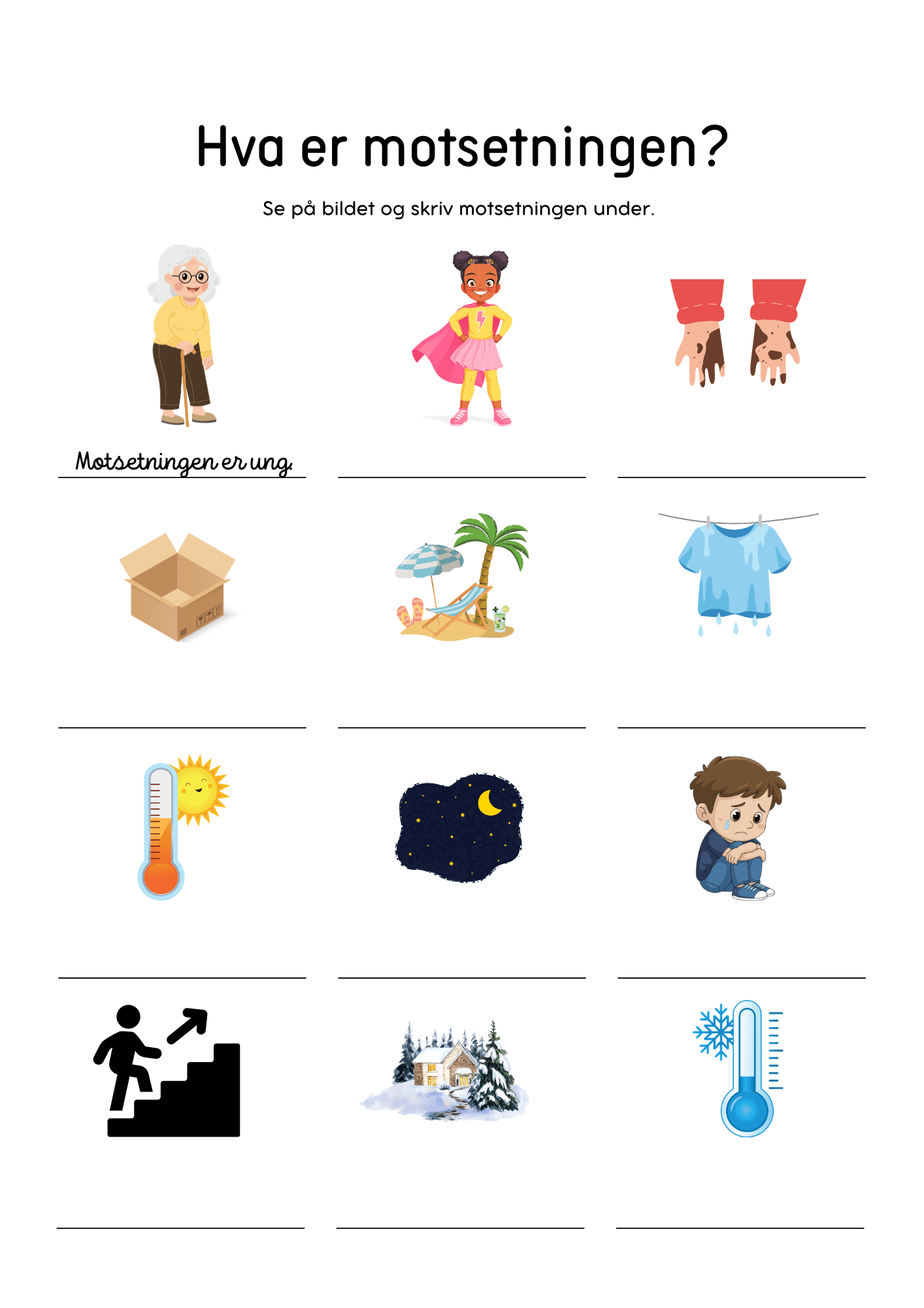 Motsetninger: Ordkort og arbeidsark