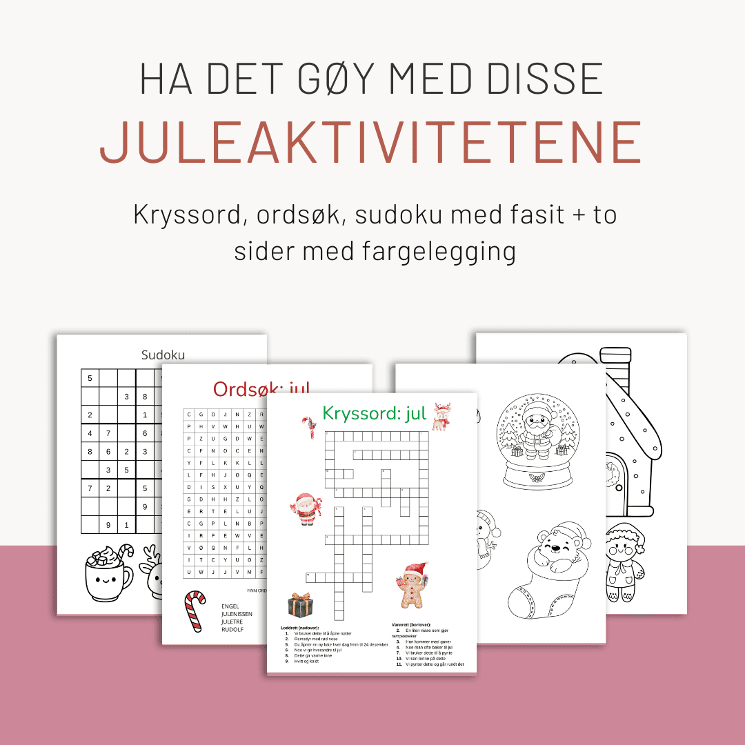 Juleaktiviteter: kryssord, ordsøk, sudoku og farglelegging (passer for 1. - 4. trinn)