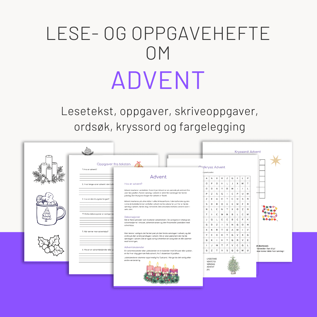 Advent: Tekst, oppgaver, kryssord og fargelegging