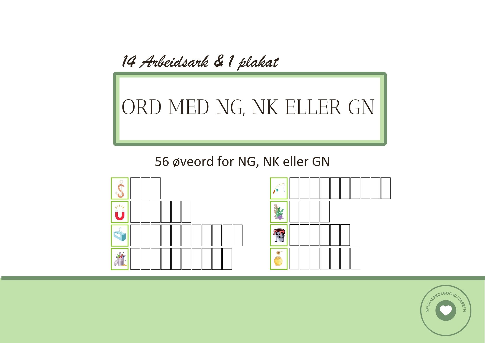 56 ord med ng-lyden - arbeidsark/rettskriving/begrep