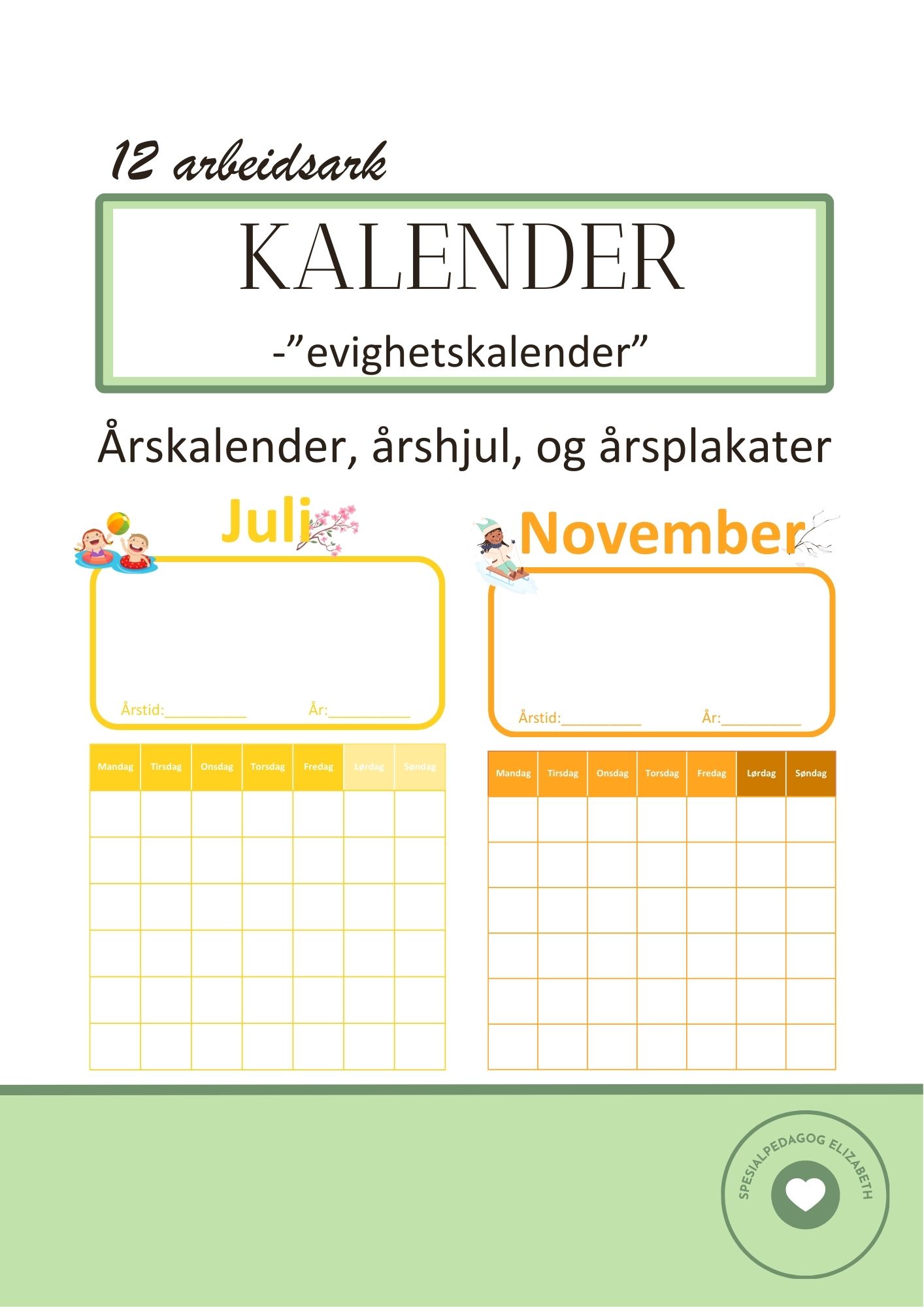 Kalender med årshjul og plakater for årstider - "evighetskalender"