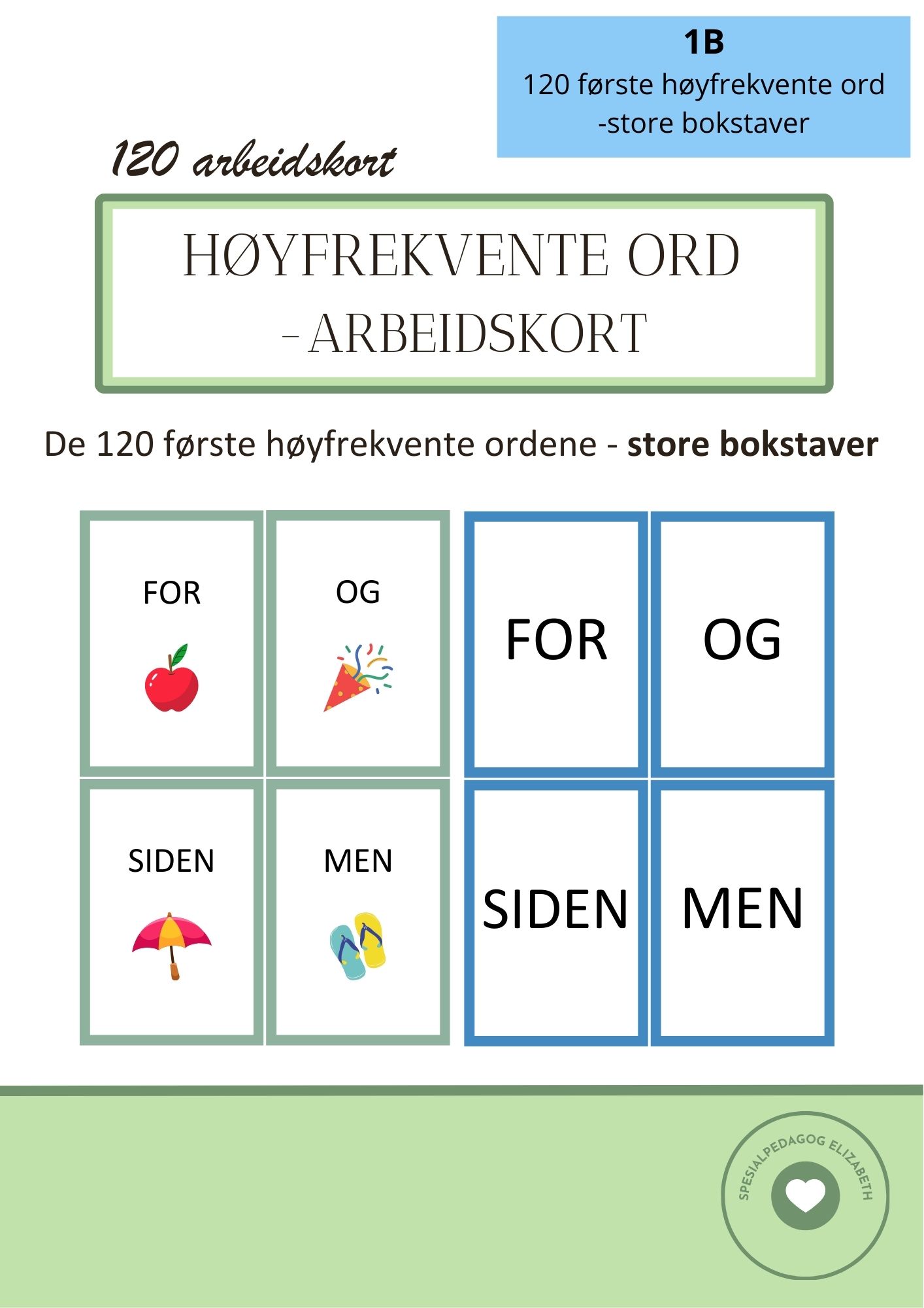 De 120 første høyfrekvente ordene - arbeidskort - store bokstaver