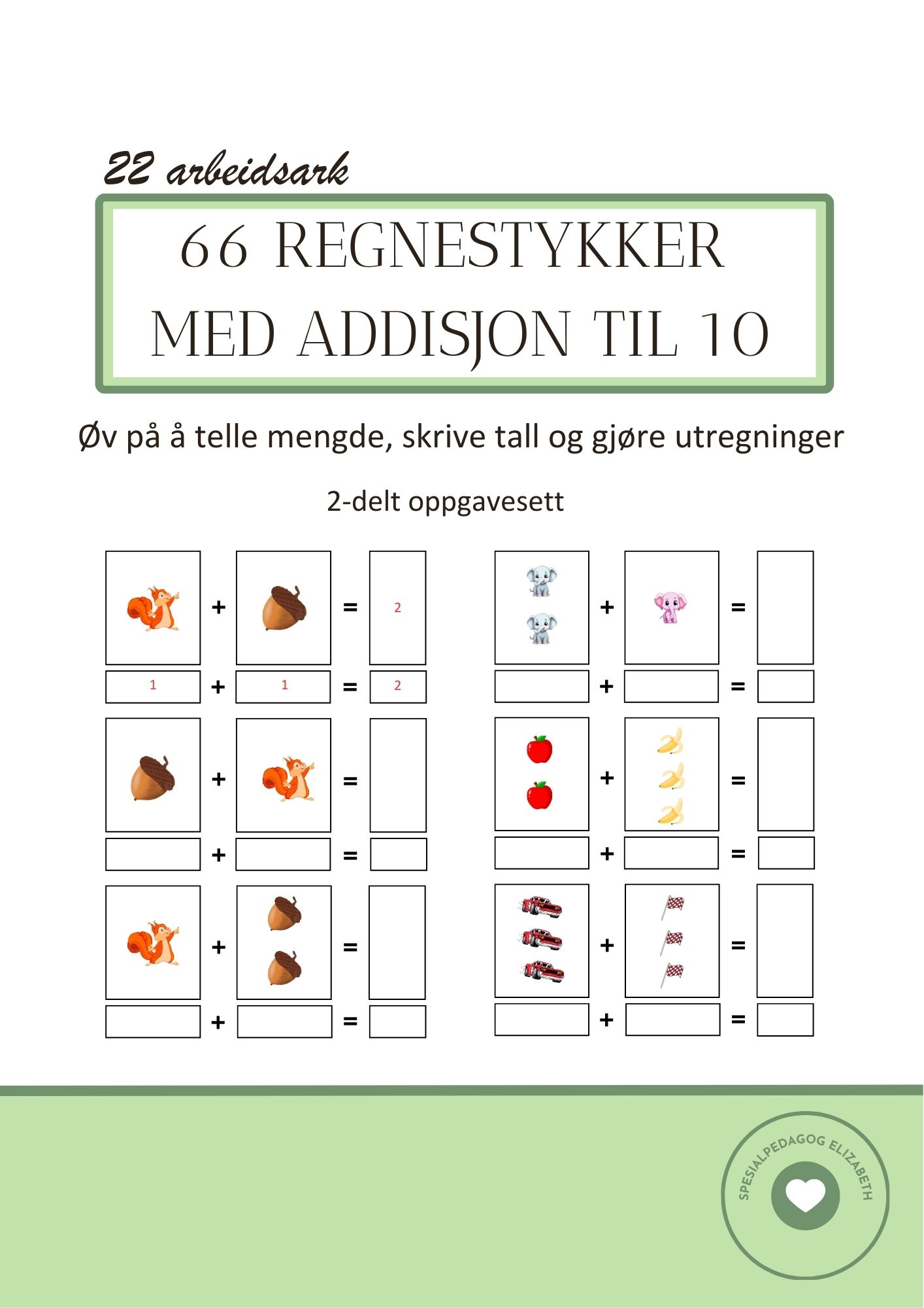 66 regnestykker med addisjon til 10 - arbeidsark med visuell støtte