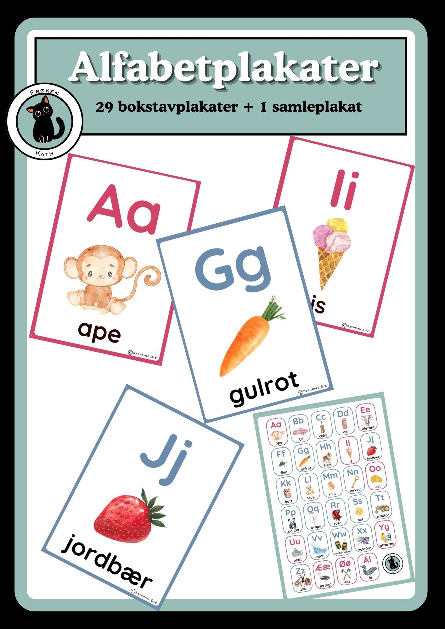 Alfabetplakater med bilder - røde vokaler og blå konsonanter