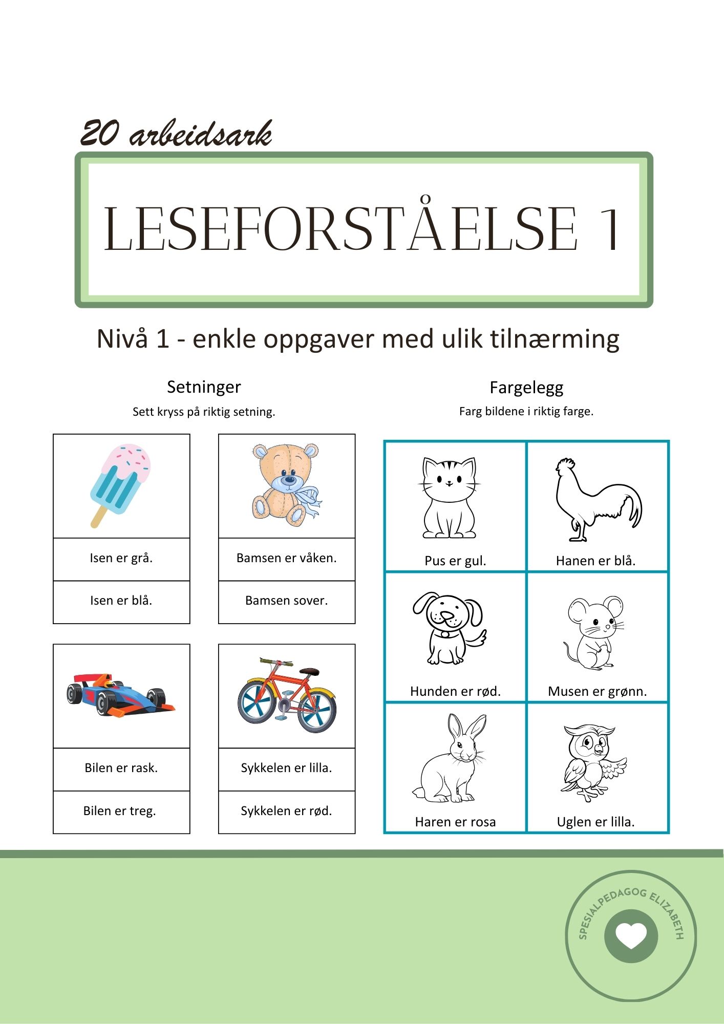 Leseforståelse 1 - 20 siders arbeidshefte med enkle oppgaver - nivå 1