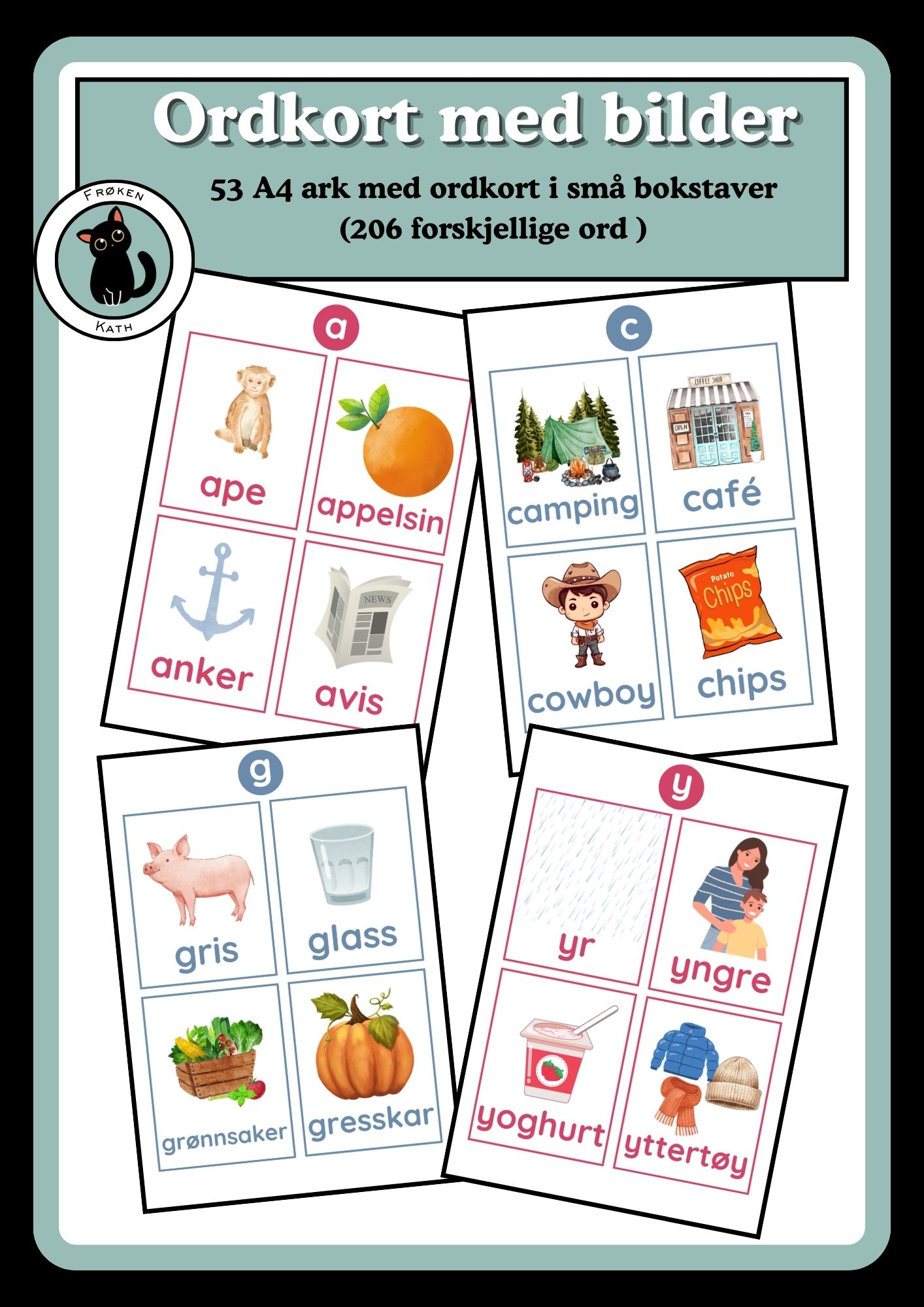 Samlepakke med ordkort og bokstavkort i små og store bokstaver (bokmål og nynorsk)