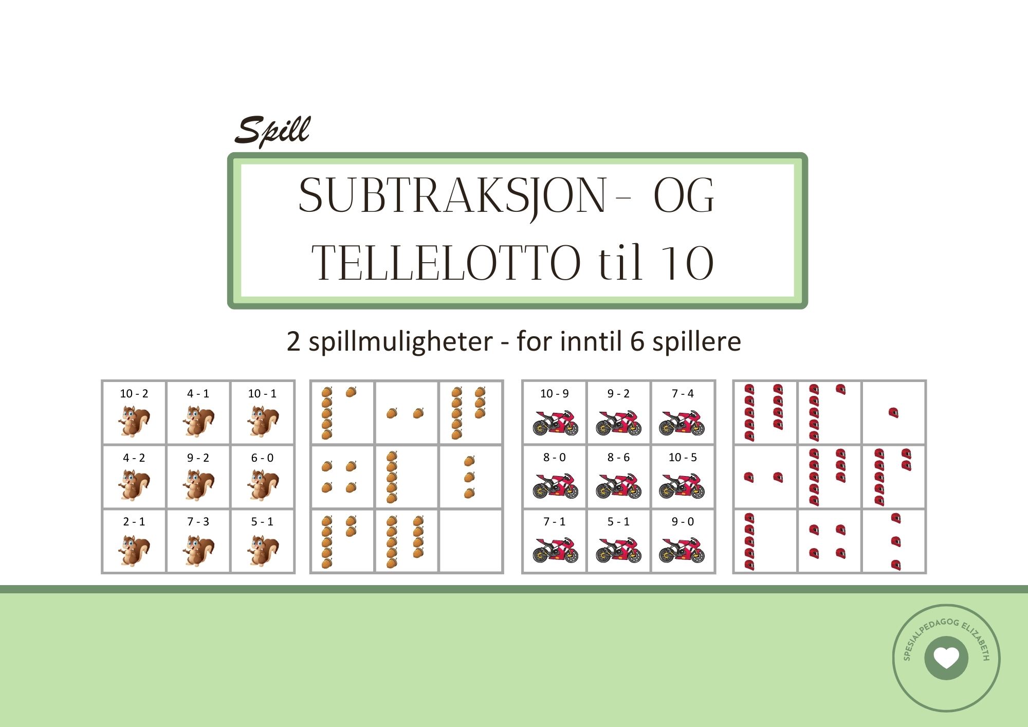 Subtraksjon- og tellelotto, subtraksjon- og telling med tallene opp til 10