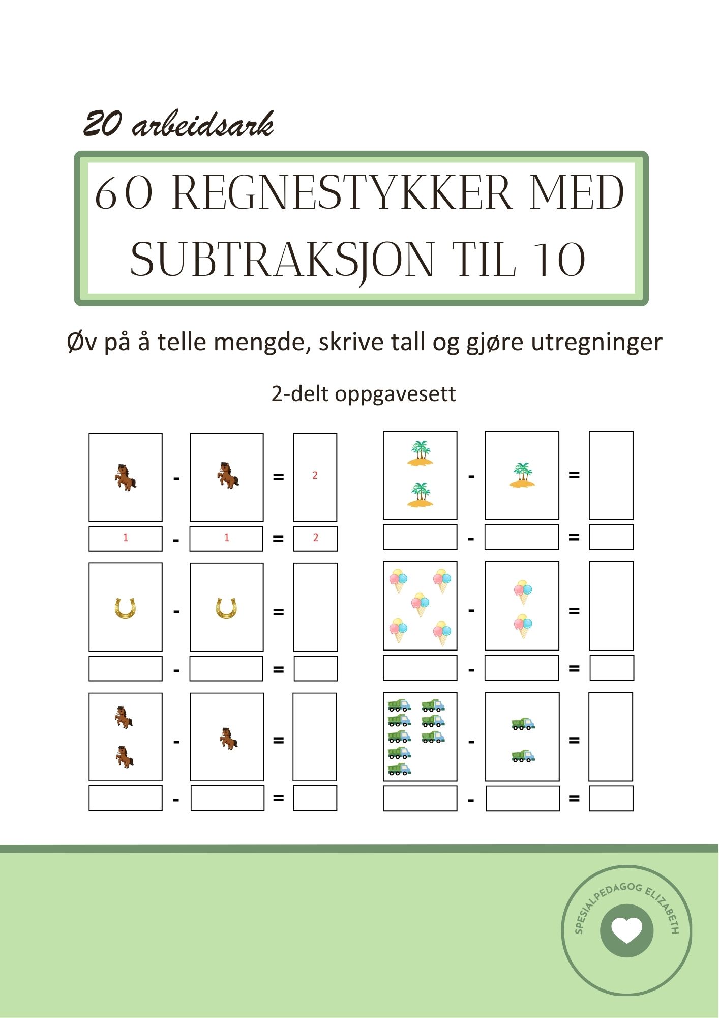 60 regnestykker med subtraksjon til 10 - arbeidsark med visuell støtte
