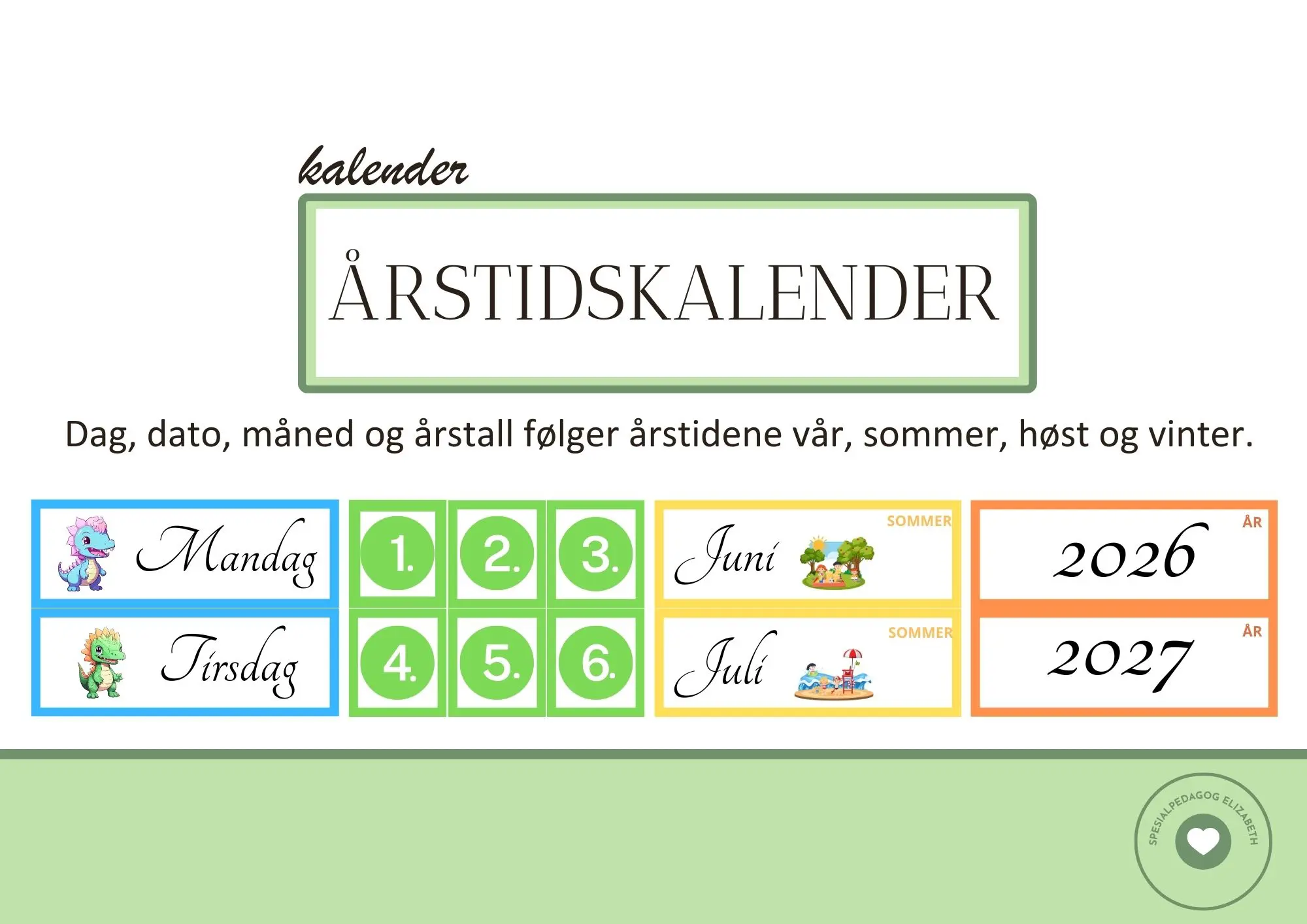 Årtidskalender - dag, dato, måned, årstall + årstidsplakater & årshjul
