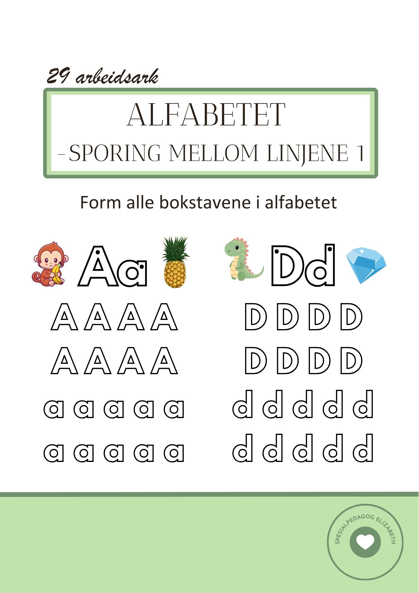 Alfabetet, sporing mellom linjer, arbeidsark