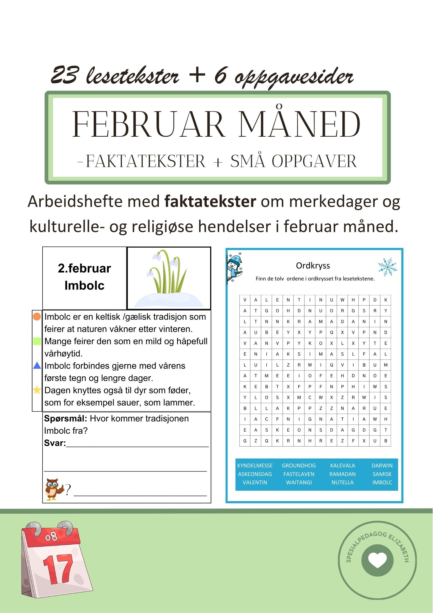 Februar måned - faktatekster om merkedager og kulturelle- og religiøse hendelser + små oppgaver