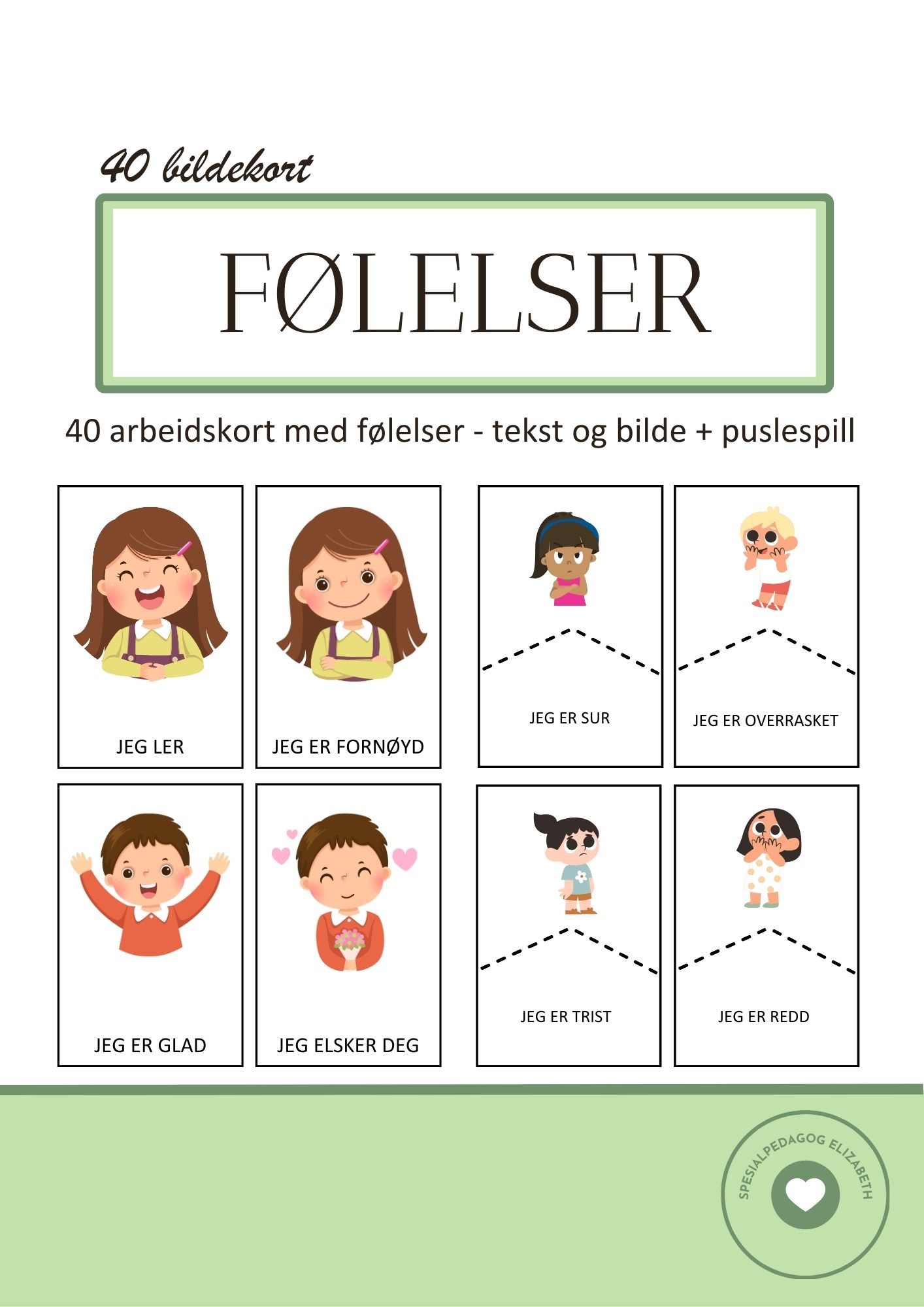 Følelser - 40 arbeidskort og puslespill med følelser i bilde og tekst