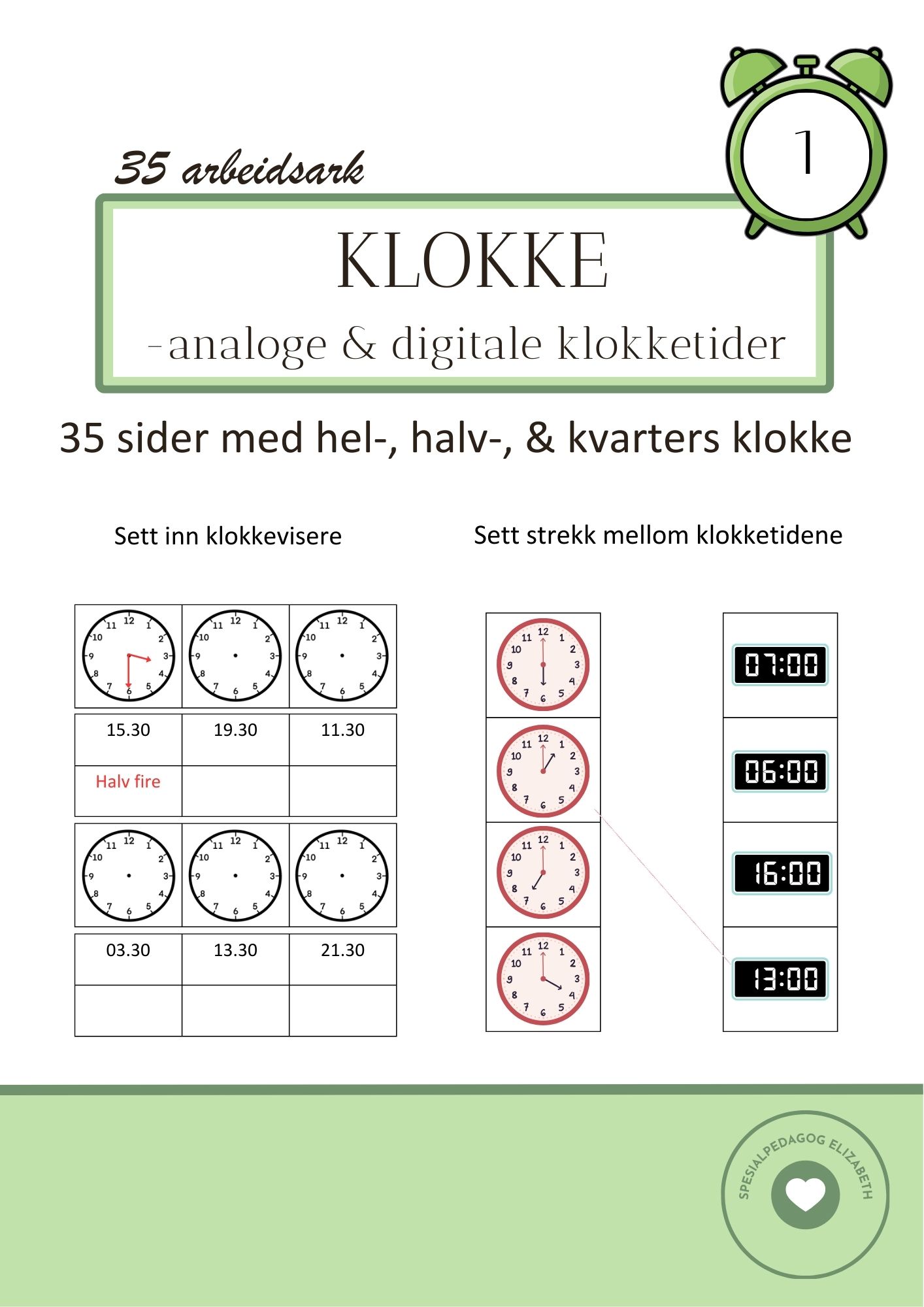 Klokke 1 - hel-, halv-, og kvart klokke, arbeidsark for analog og digital klokke, dag- og natt