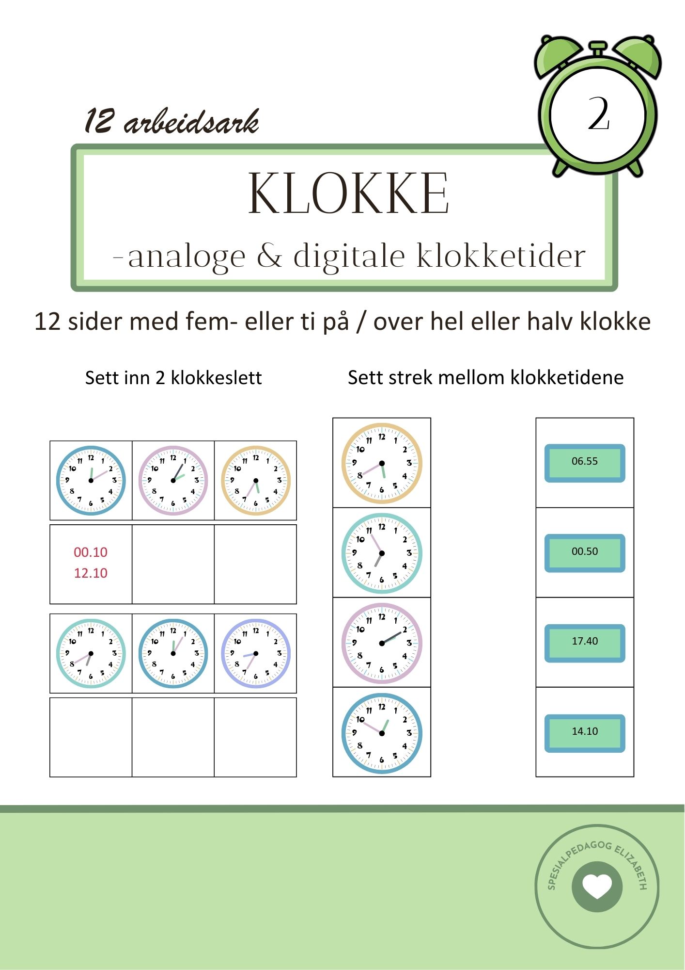 Klokke 2, arbeidsark med analog og digital klokke, for fem- eller ti på /over hel eller halv klokke