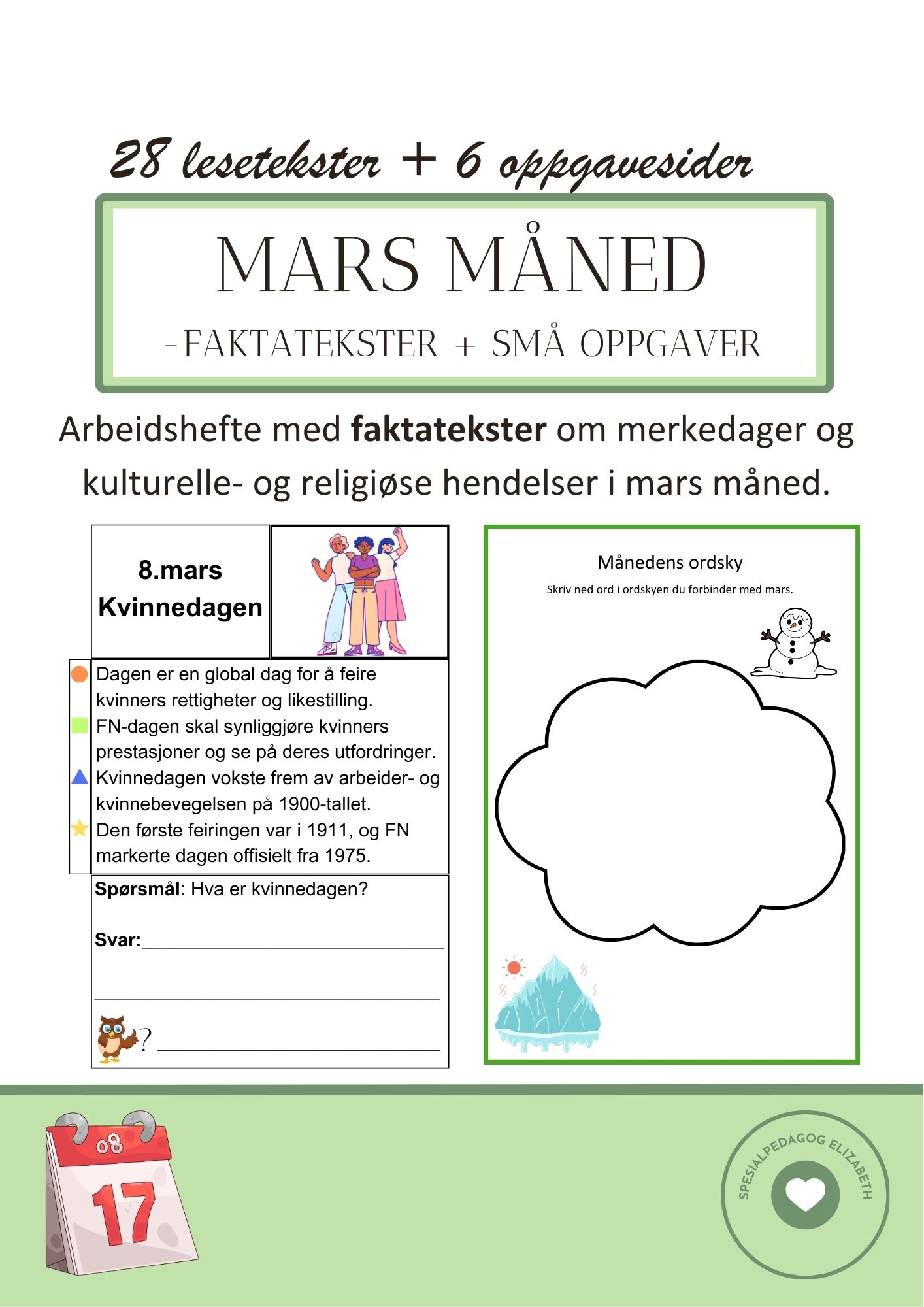 Mars måned - faktatekster om merkedager og kulturelle- og religiøse hendelser + små oppgaver