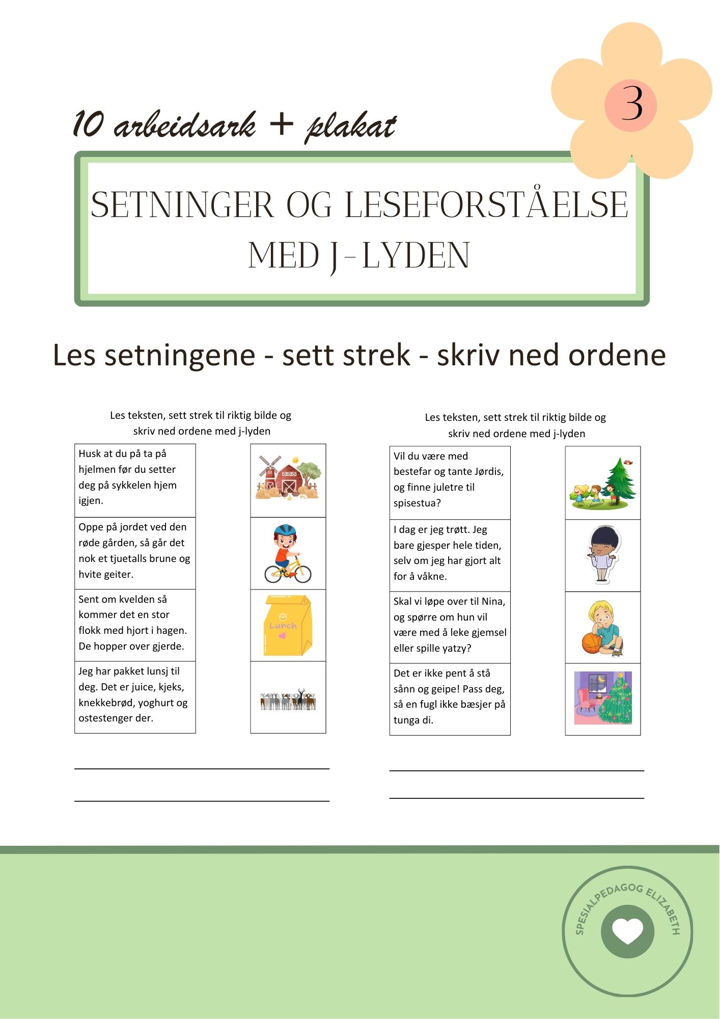 10 arbeidsark med setninger og leseforståelse med j-lyden - les - sett strek - skriv ordene