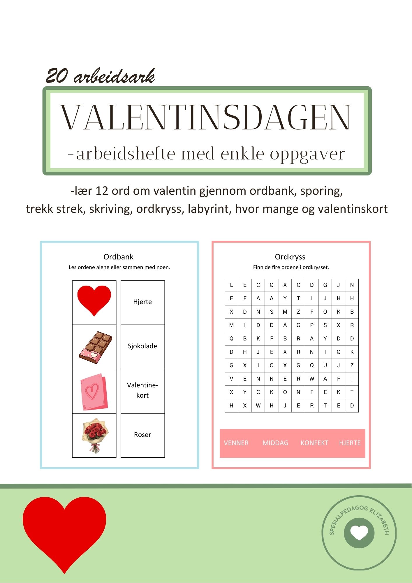 Valentinsdagen - arbeidshefte med enkle oppgaver
