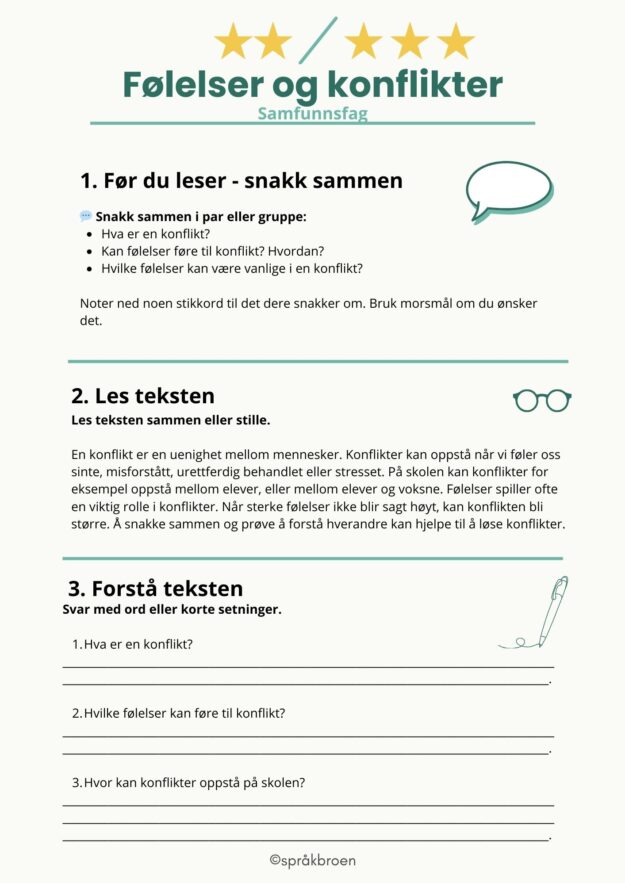 Arbeidsark følelser og konflikter - samfunnsfag