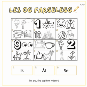Les og fargelegg: to-fem lydsord (BM)