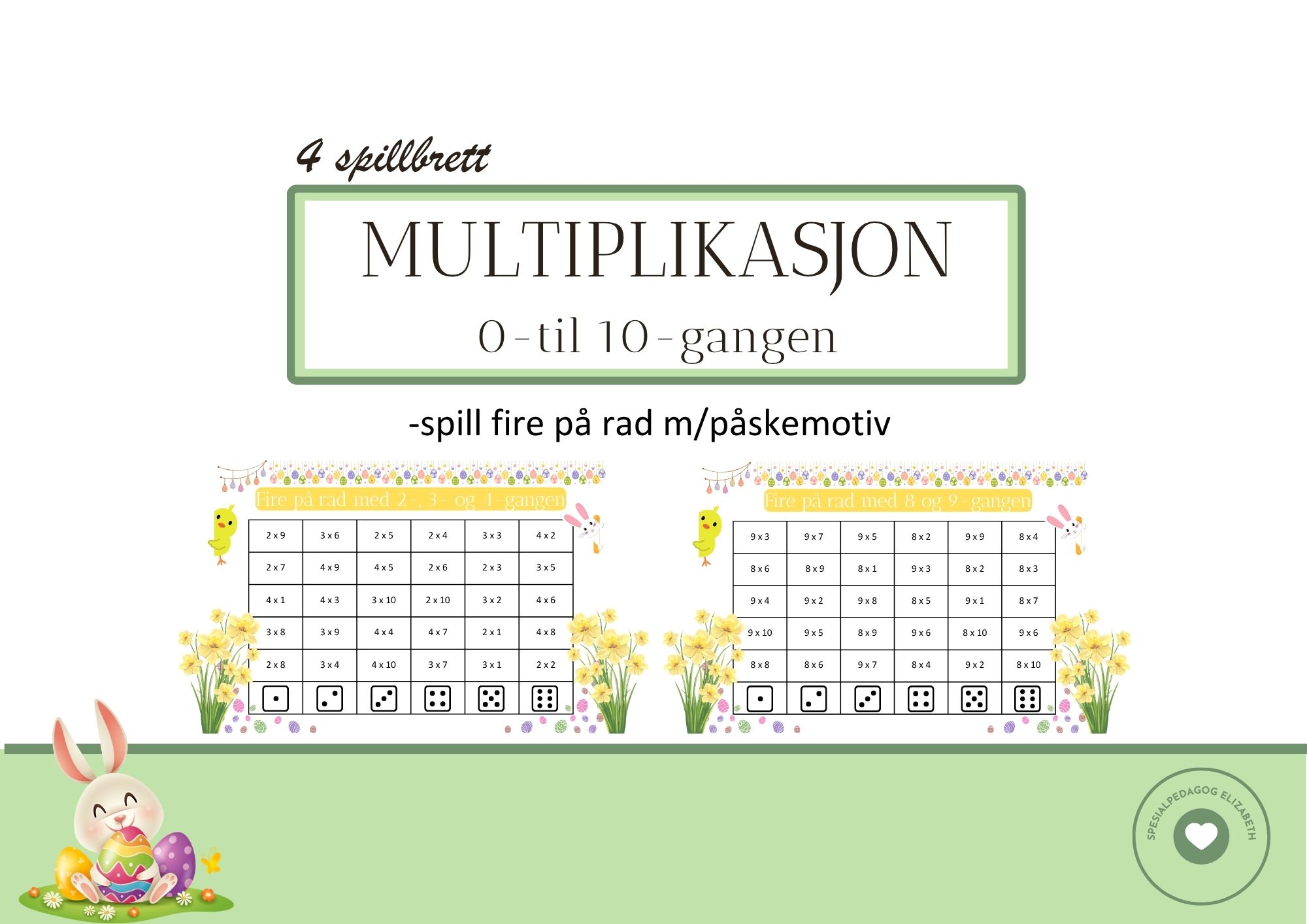 Multiplikasjon for 0 til 10-gangen m/ påsketema - spill fire på rad