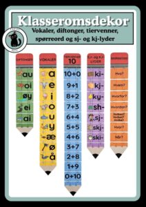 Klasseromsdekor - Læringsblyanter med tiervenner, diftonger, vokaler, spørreord, sj- og kj-lyder