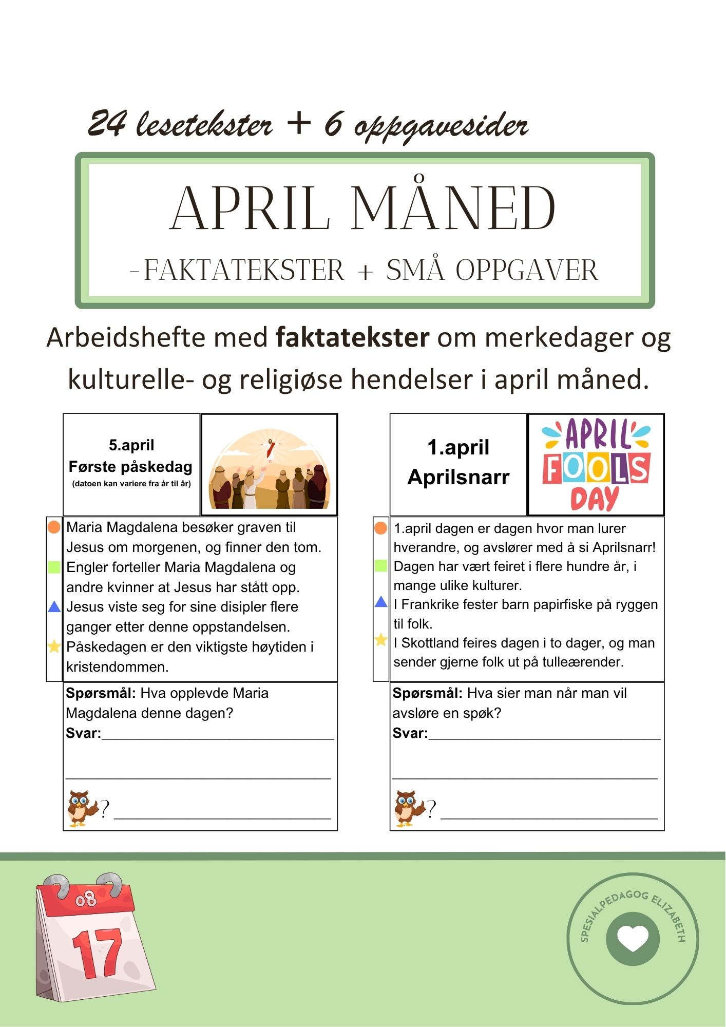 April måned - faktatekster om merkedager og kulturelle- og religiøse hendelser + små oppgaver