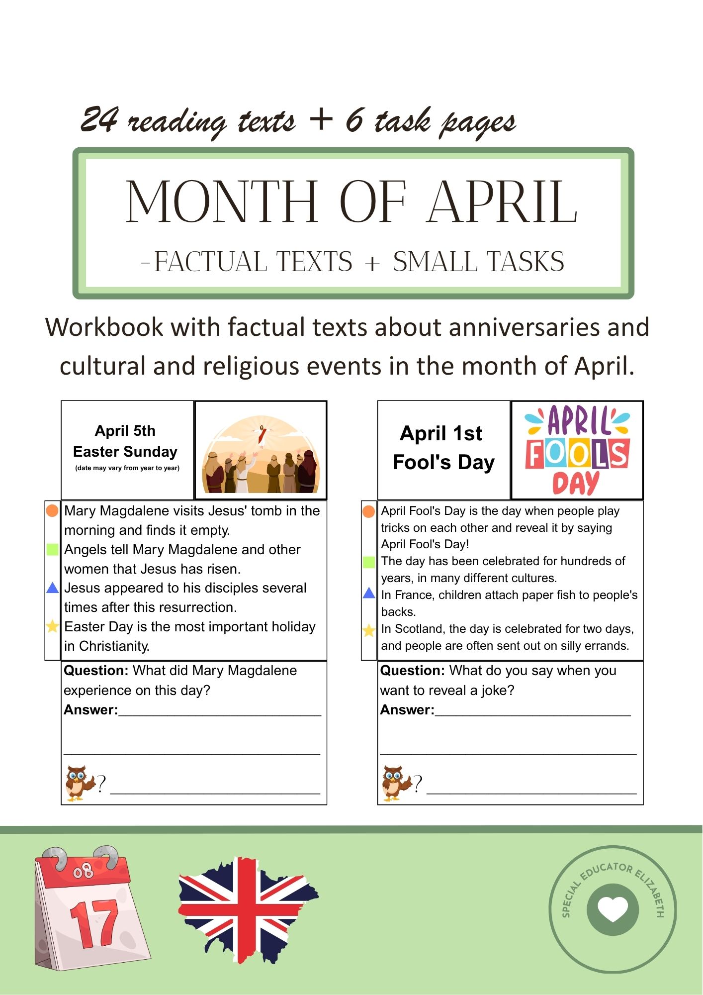Month of april - factual texts + smal task about anniversaries and cultural and religious events