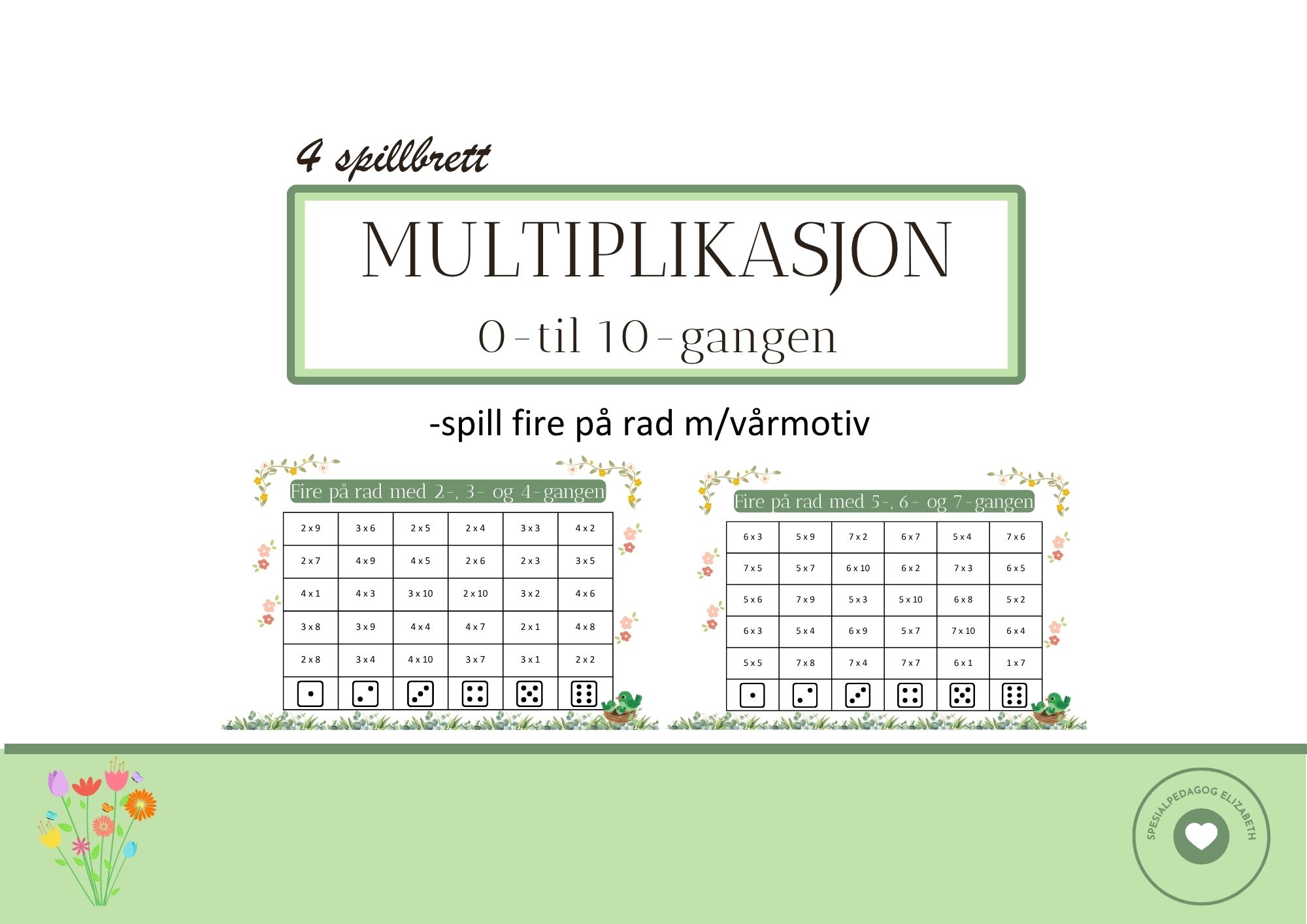 Multiplikasjon for 0 til 10-gangen m/ vårtema - spill fire på rad