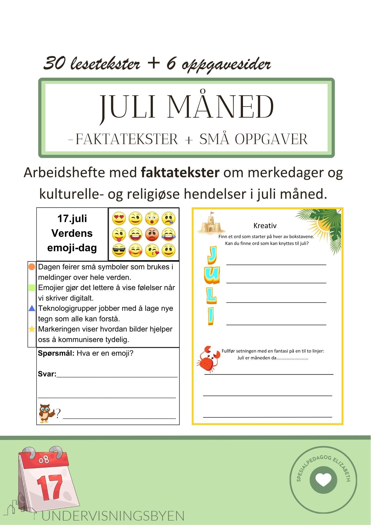 Juli måned - faktatekster om merkedager og kulturelle- og religiøse hendelser + små oppgaver