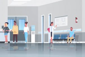 mix race patients standing line queue at hospital reception desk waiting hall doctors consultation healthcare concept medical clinic interior full length horizontal banner flat